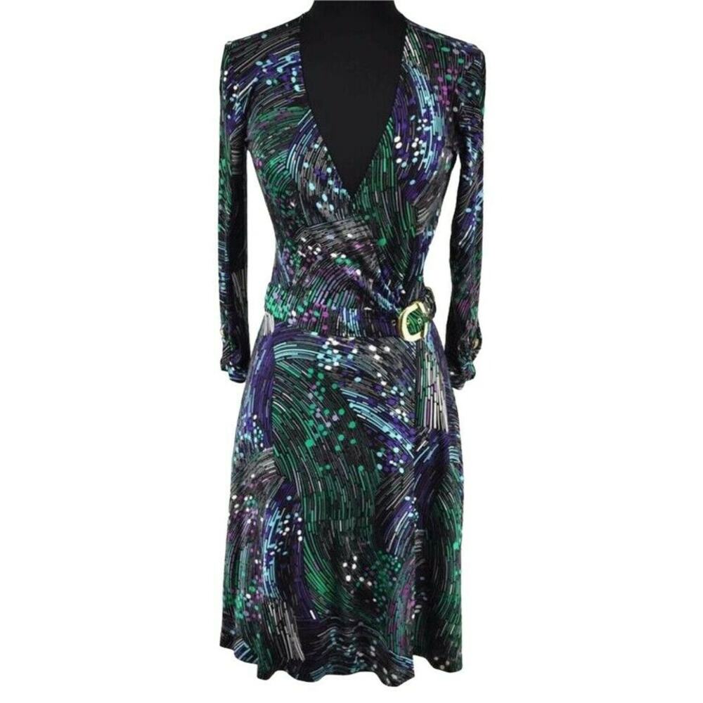Cache Faux Wrap Stretch Adjust Self Belt Plug V Multi Color Wrap Dress $168 NWT